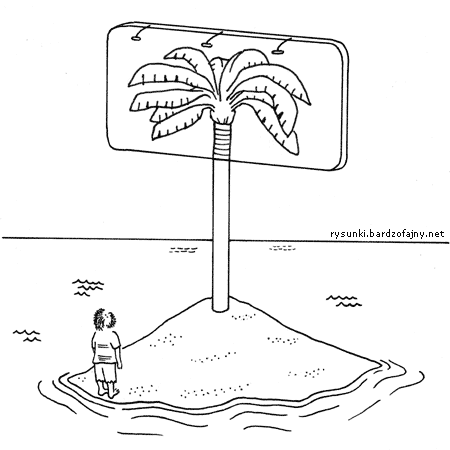 Bezludna wyspa z billboardem z palmą zamiast palmy
