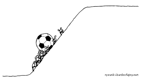 Piłkarze zamiast Syzyfa toczą pod górę wielką piłkę zamiast głazu.