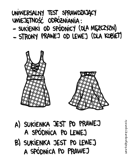 Uniwersalny test sprawdzający umiejętność odróżniania: - sukienki od spódnicy (dla mężczyzn) - strony prawej od lewej (dla kobiet). A) Sukienka jest po prawej a spódnica po lewej. B) Sukienka jest po lewej a spódnica po prawej.